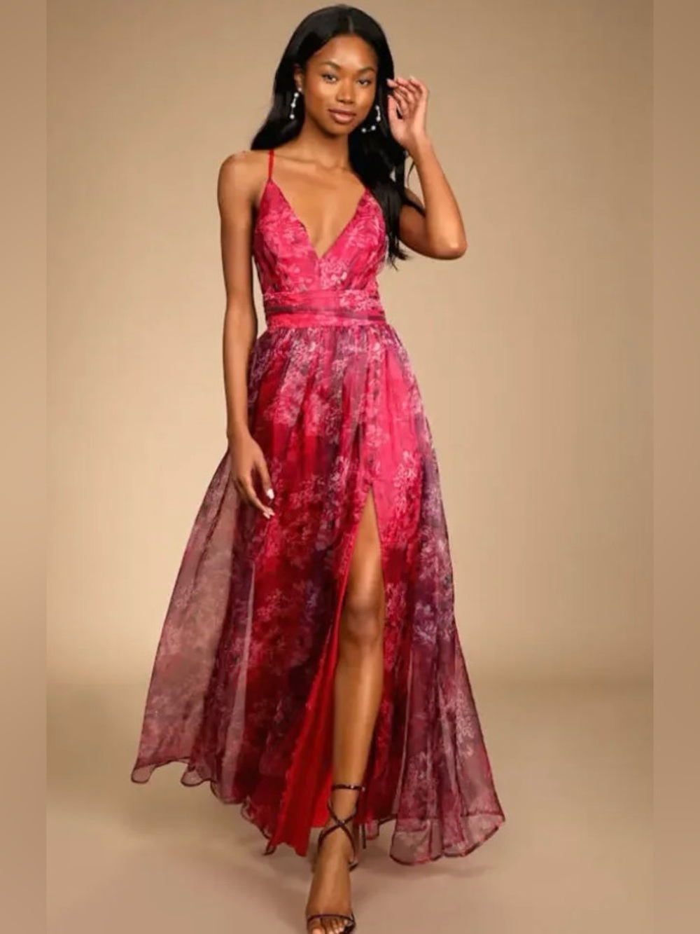 Lulu's Magenta Floral Print V-Neck High-Low Organza Maxi Dress